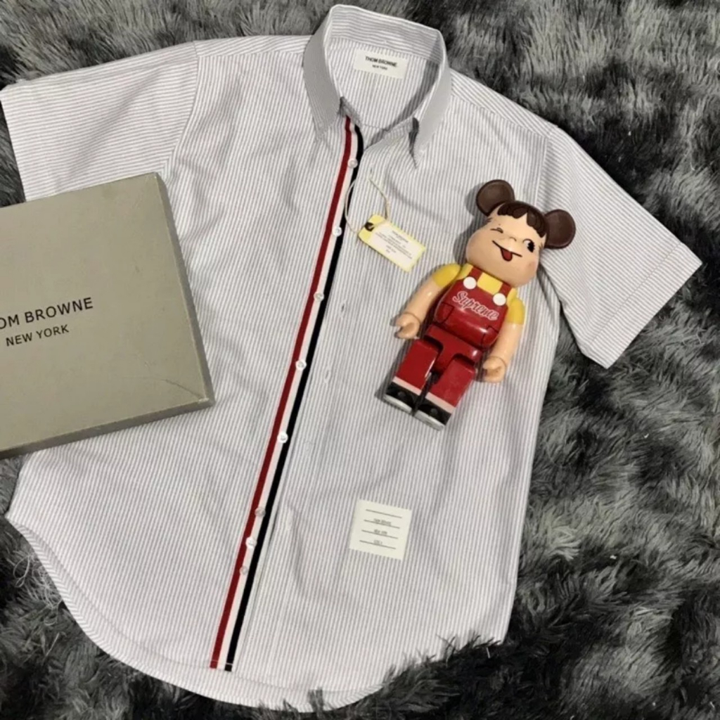 Áo Sơ Mi Thom Kẻ Xám Viền Cổ Tay Ngắn Tay Vải Cotton Lụa Cao Cấp 100% | BigBuy360 - bigbuy360.vn