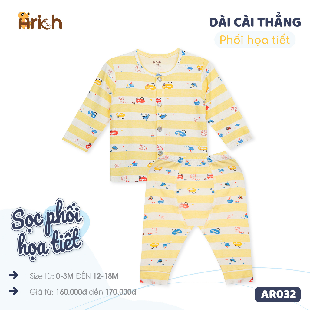 Newborn-18 tháng, Bộ dài tay cài thẳng phối sọc họa tiết vải sợi tre Arich