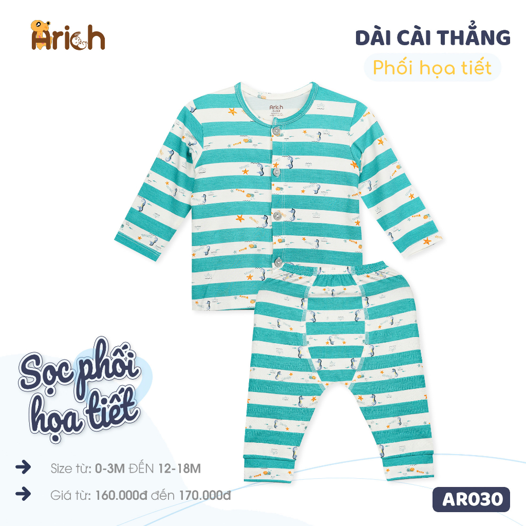 Newborn-18 tháng, Bộ dài tay cài thẳng phối sọc họa tiết vải sợi tre Arich