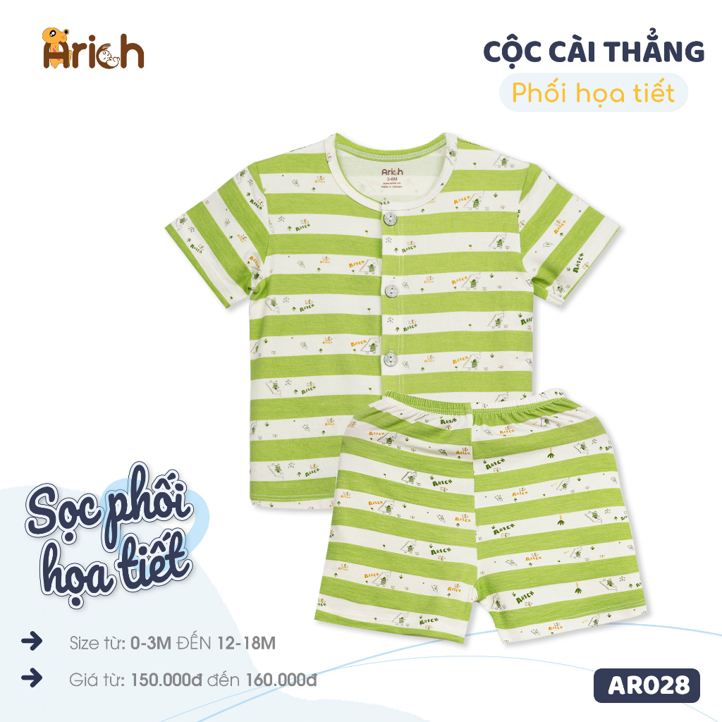 Newborn- 18 tháng ,Bộ cộc tay cài thẳng  họa tiết sọc vải sợi tre Arich mềm, mát