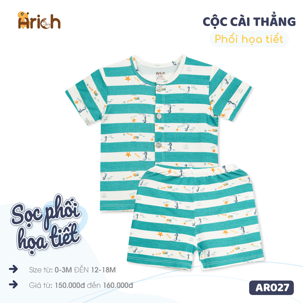 Newborn- 18 tháng ,Bộ cộc tay cài thẳng  họa tiết sọc vải sợi tre Arich mềm, mát