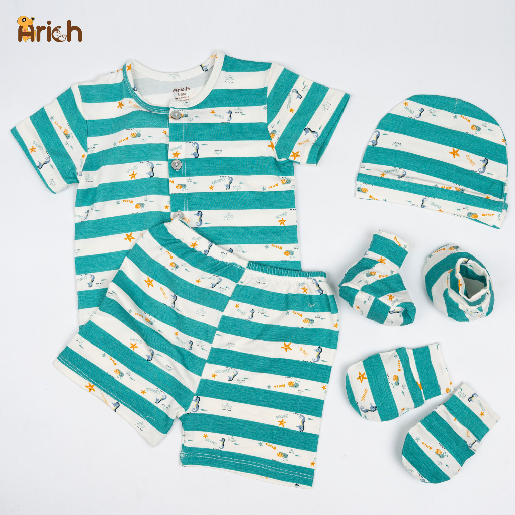 Newborn- 18 tháng ,Bộ cộc tay cài thẳng  họa tiết sọc vải sợi tre Arich mềm, mát