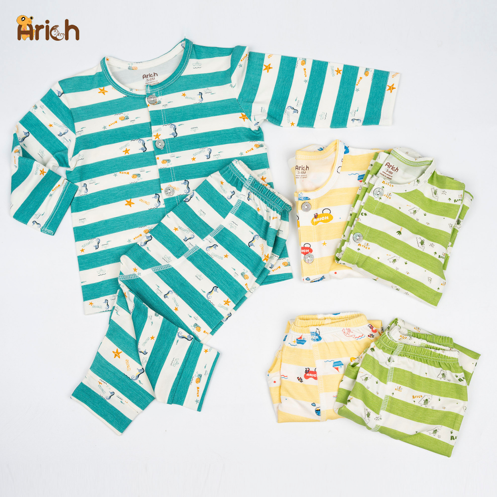 Newborn-18 tháng, Bộ dài tay cài thẳng phối sọc họa tiết vải sợi tre Arich