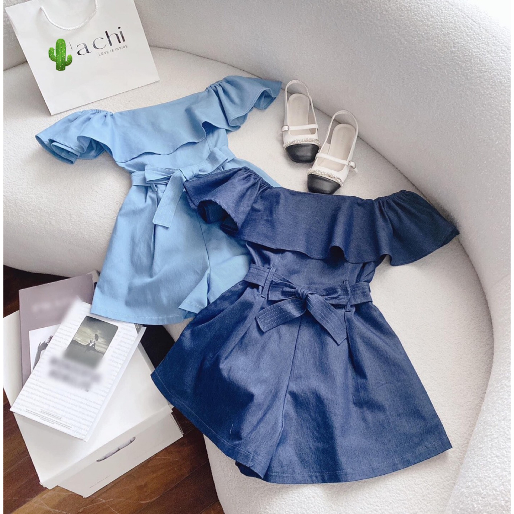 JUMPSUIT JEAN BÈO BẸT VAI THẮT DÂY NƠ EO SHORT ĐÙI 2 MÀU-PC💯