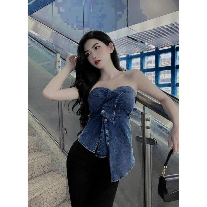 Áo ống jeans  lệch tà vạt dài - S4L