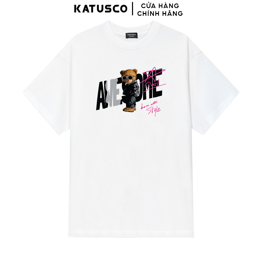 Áo Thun Nam Awesome Bear Oversize KATUSCO Cổ Tròn Ngắn Tay 100% Cotton A2320, In Cao Cấp, Phong Cách Streetwear