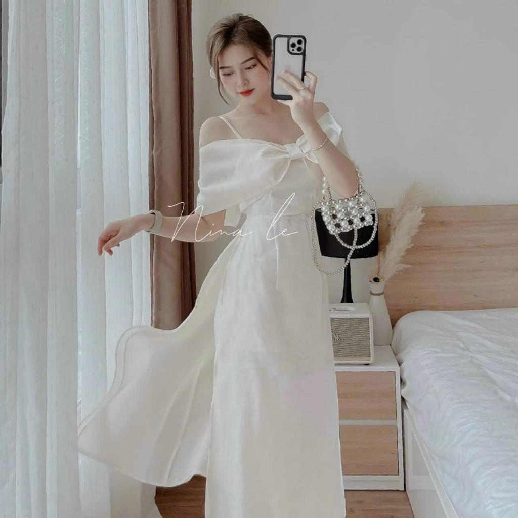 Set áo dài cách tân thời trang nữ sang chảnh chất voan trễ vai nơ ngực xẻ lai tới eo quần dài lưng thun ống đứng maxi