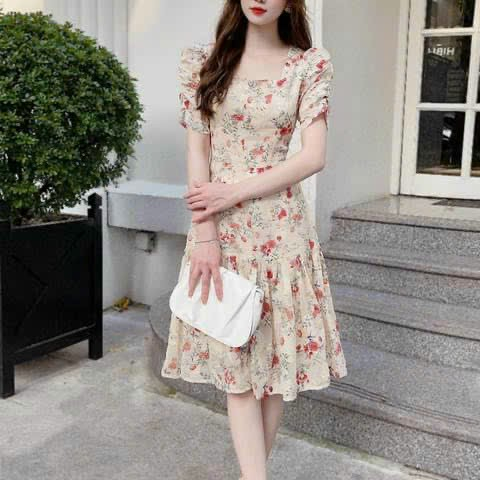 Đầm thời trang nữ dự tiệc chất voan hoa cổ vuông tay ngắn dáng váy dài xoè có lót maxi tôn dáng sang trọng trẻ trung