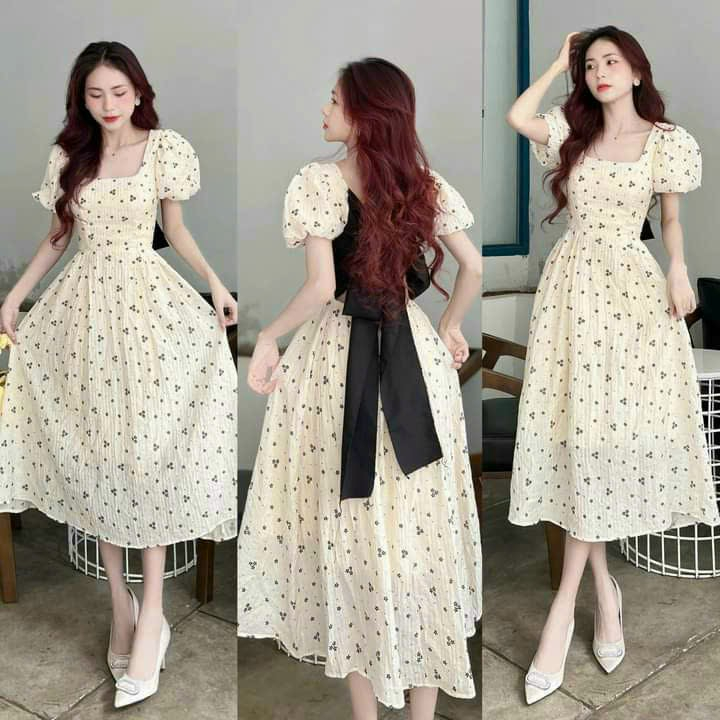 Đầm dự đám cưới thời trang nữ sang trọng chất xốp in hoa cổ vuông tay ngắn cột nơ to sau lưng dáng váy dài xoè maxi