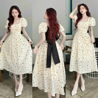 Đầm dự đám cưới thời trang nữ sang trọng chất xốp in hoa cổ vuông tay ngắn cột nơ to sau lưng dáng váy dài xoè maxi