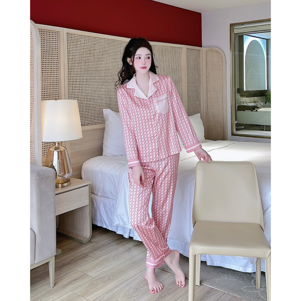 Bộ lụa mặc nhà Sam luxury, pyjama lụa dài tay S141