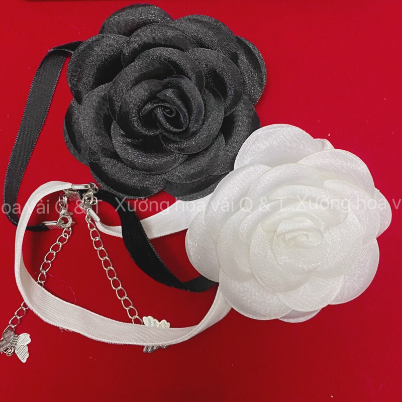 🌸Vòng Choker Dây Nhung Phối Bông Hồng Trắng Đen🌸