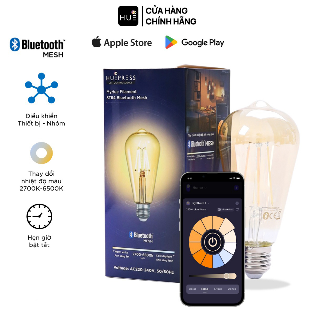 [Mua 2 Tặng 1] Bộ 2 sản phẩm bóng đèn LED tròn và dây thông minh HuePress Bulb Wifi RGBCW Wifi control & đèn Filament