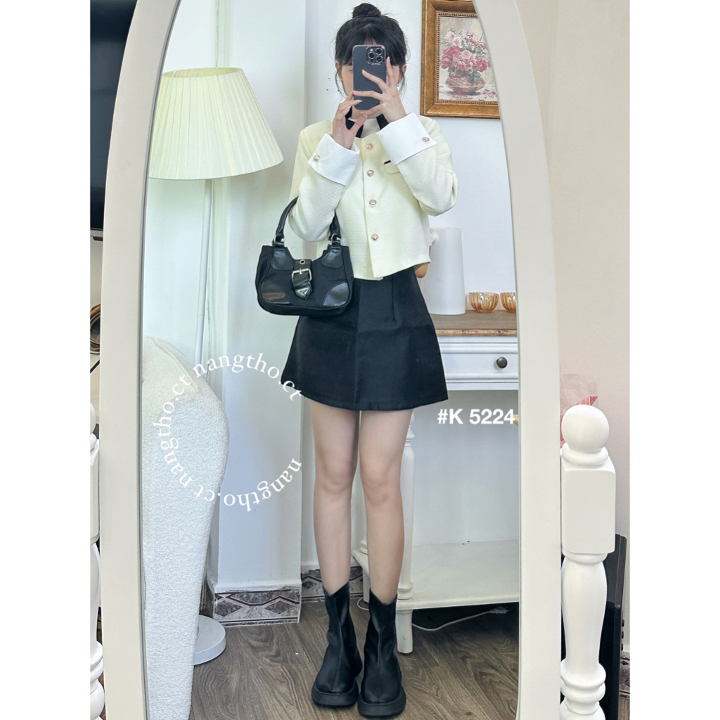 Áo khoác dạ cổ đứng ,chân váy TAFTA chữ A 3 màu  5224 3618