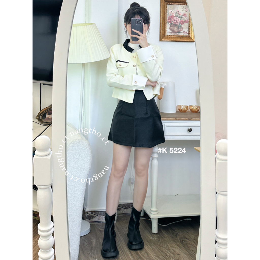 Áo khoác dạ cổ đứng ,chân váy TAFTA chữ A 3 màu  5224 3618