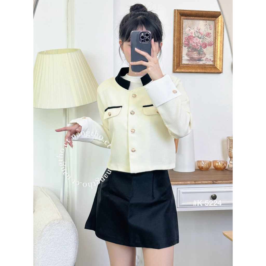 Áo khoác dạ cổ đứng ,chân váy TAFTA chữ A 3 màu  5224 3618