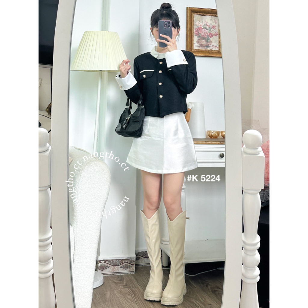 Áo khoác dạ cổ đứng ,chân váy TAFTA chữ A 3 màu  5224 3618