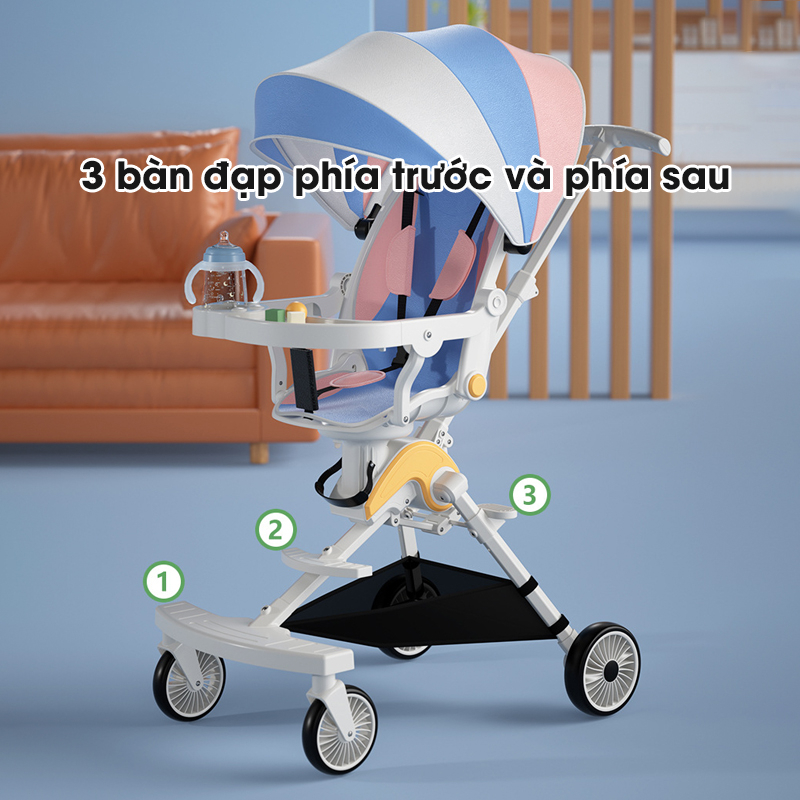 Xe Đẩy Gấp Gọn MumKid Cho Bé 2 Chiều Có Vòng Bảo Vệ, Xe Đẩy Trẻ Em Có Mái Che Đa Năng Tích Hợp Bàn Ăn Dặm MK062