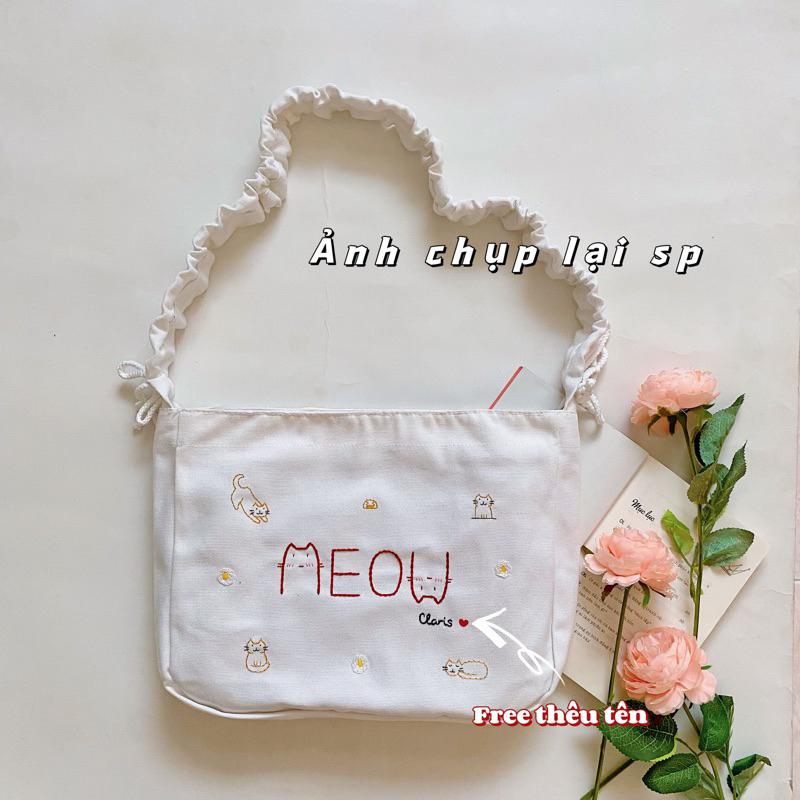 Túi Vải Canvas Đeo Chéo Dây Rút Thêu Tay Độc Đáo