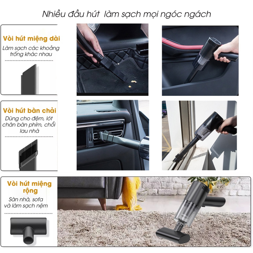 Máy Hút Bụi Mini Cầm Tay, Máy Hút Bụi Giường Nêm Sạc Pin, Hút Bụi Ô Tô, Bàn Làm Việc, Lực Hút 9000PA, Bảo Hành 12 Tháng