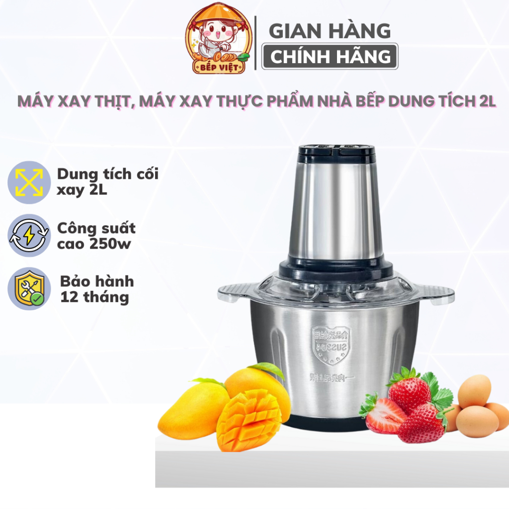 Máy Xay Thịt, Máy Xay Thực Phẩm Nhà Bếp Chất Liệu Inox 304 Cao Cấp, Dung Tích Cối Xay 2L, Công Suất 250W 4 Lưỡi Dao Xay