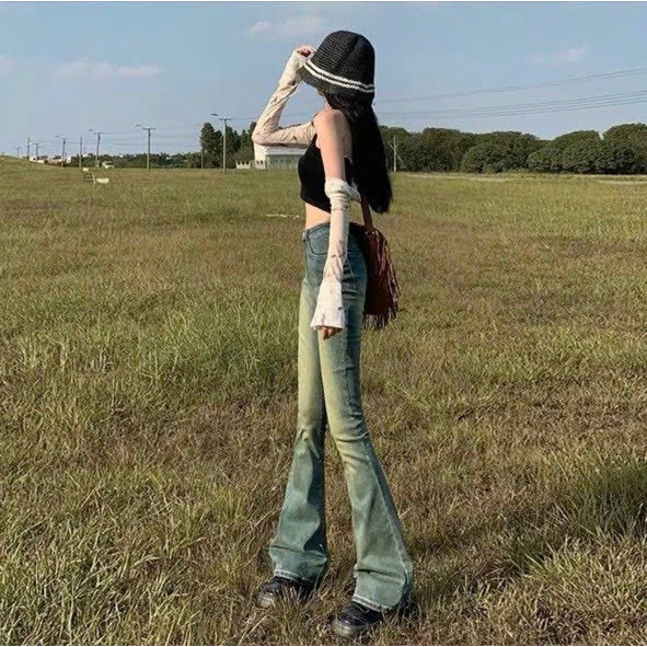 Quần jean lưng cao ống loe màu mài ánh rêu co giãn 247plus - Loereumaygau883_P5K2