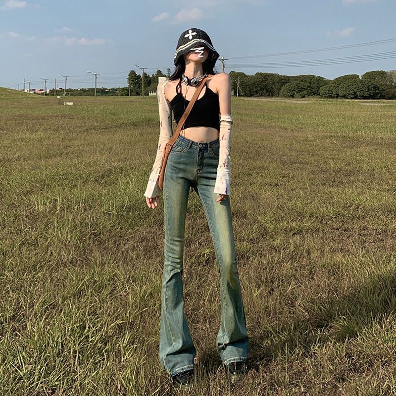 Quần jean lưng cao ống loe màu mài ánh rêu co giãn 247plus - Loereumaygau883_P5K2