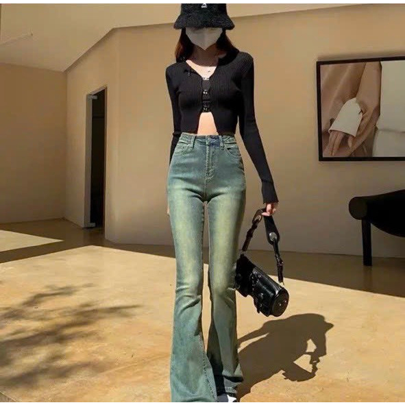 Quần jean lưng cao ống loe màu mài ánh rêu co giãn 247plus - Loereumaygau883_P5K2