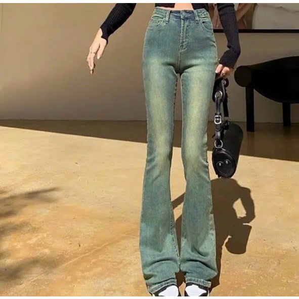 Quần jean lưng cao ống loe màu mài ánh rêu co giãn 247plus - Loereumaygau883_P5K2
