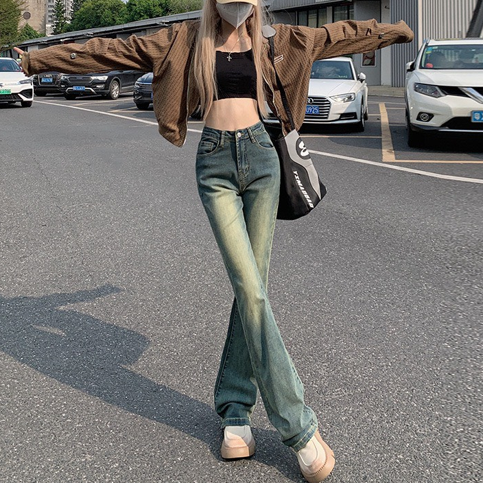 Quần jean lưng cao ống loe màu mài ánh rêu co giãn 247plus - Loereumaygau883_P5K2