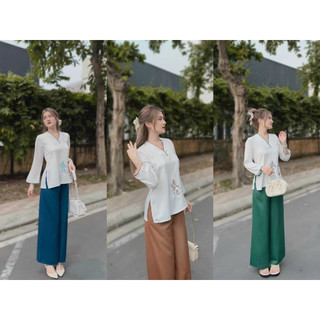 Set bộ lam đi chùa,set lam áo cổ V thêu hoa viền màu xẻ tà phối quần ống suông thanh lịch