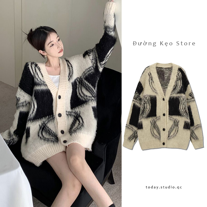Áo len cardigan đen trắng loang lổ xinh chất len lông ulzzang cổ V khuy đen sang chảnh oversize