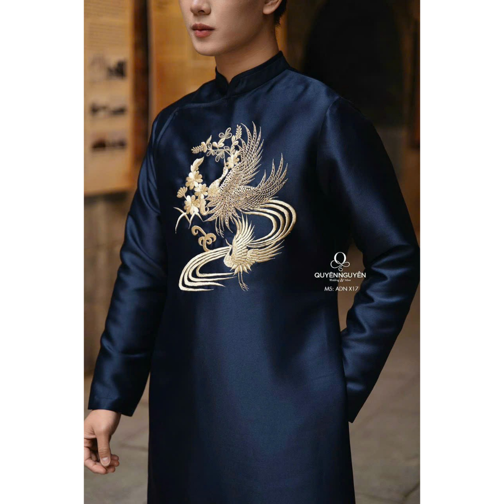 Áo dài nam cách tân thêu nổi màu xanh than cá tính chất liệu tafta nhũ cao cấp  - Áo Dài Nam Hoàng - NH03