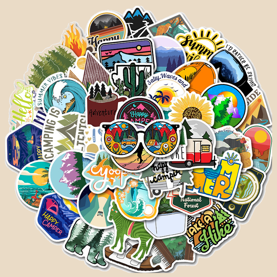 Sticker chống thấm nước | Camping 01 | dán mũ bảo hiểm,laptop, ly bình giữ nhiệt họa tiết dễ thương | Nắng Decor