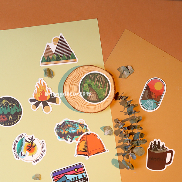Sticker chống thấm nước | Camping 01 | dán mũ bảo hiểm,laptop, ly bình giữ nhiệt họa tiết dễ thương | Nắng Decor