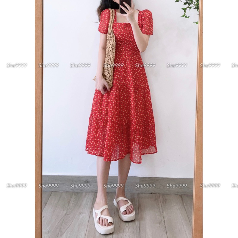 D268 - ĐẦM HOA MAI CAM ĐỎ