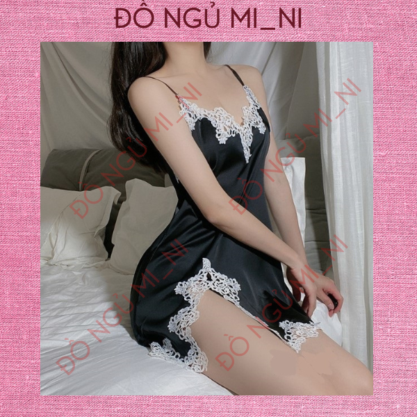 Váy Ngủ Nữ Lụa Hai Dây Ren Trơn Xẻ Đùi Thoáng Mát Form Đứng Tôn Dáng Gợi Cảm