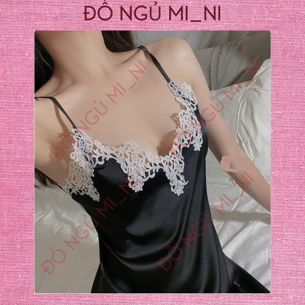 Váy Ngủ Nữ Lụa Hai Dây Ren Trơn Xẻ Đùi Thoáng Mát Form Đứng Tôn Dáng Gợi Cảm