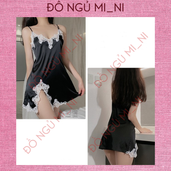 Váy Ngủ Nữ Lụa Hai Dây Ren Trơn Xẻ Đùi Thoáng Mát Form Đứng Tôn Dáng Gợi Cảm