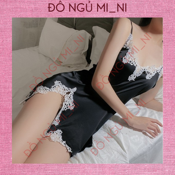 Váy Ngủ Nữ Lụa Hai Dây Ren Trơn Xẻ Đùi Thoáng Mát Form Đứng Tôn Dáng Gợi Cảm