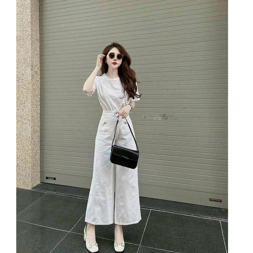 Set bộ thời trang nữ sang chảnh chất áo gân cổ tròn tay ngắn quần kaki lưng nút 2 túi trước ống rộng bass maxi