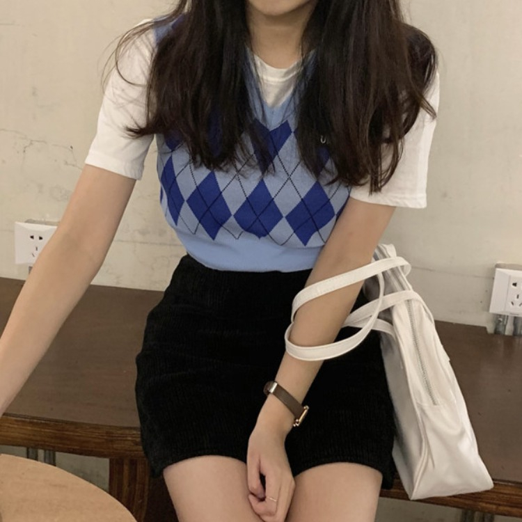 Áo gile len họa tiết caro dáng croptop phong cách Hàn Quốc GL10