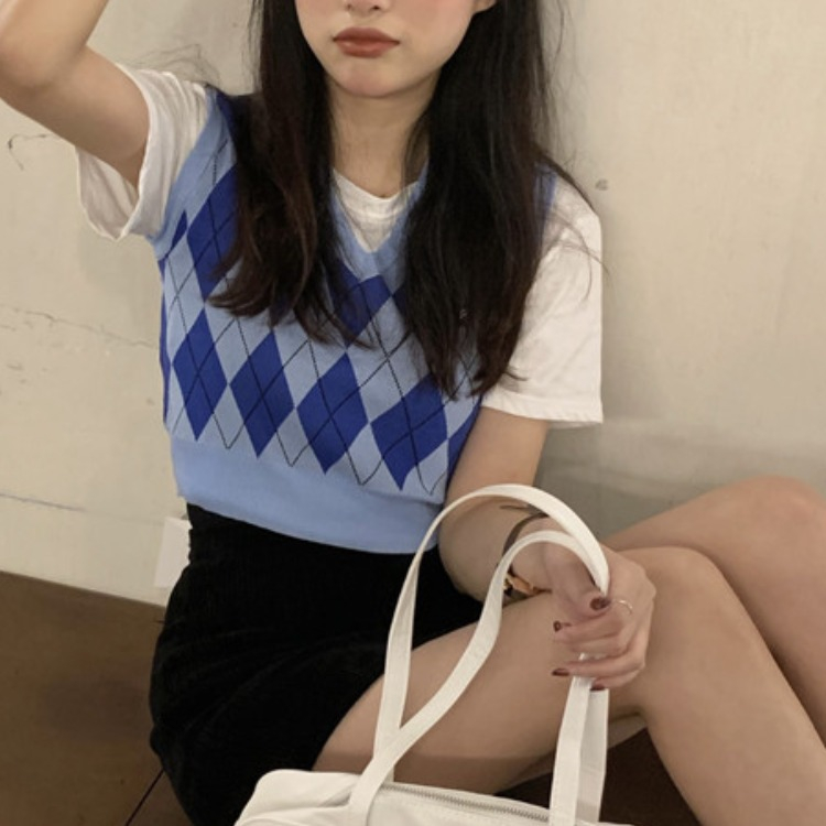 Áo gile len họa tiết caro dáng croptop phong cách Hàn Quốc GL10