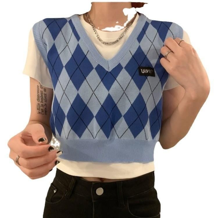 Áo gile len họa tiết caro dáng croptop phong cách Hàn Quốc GL10