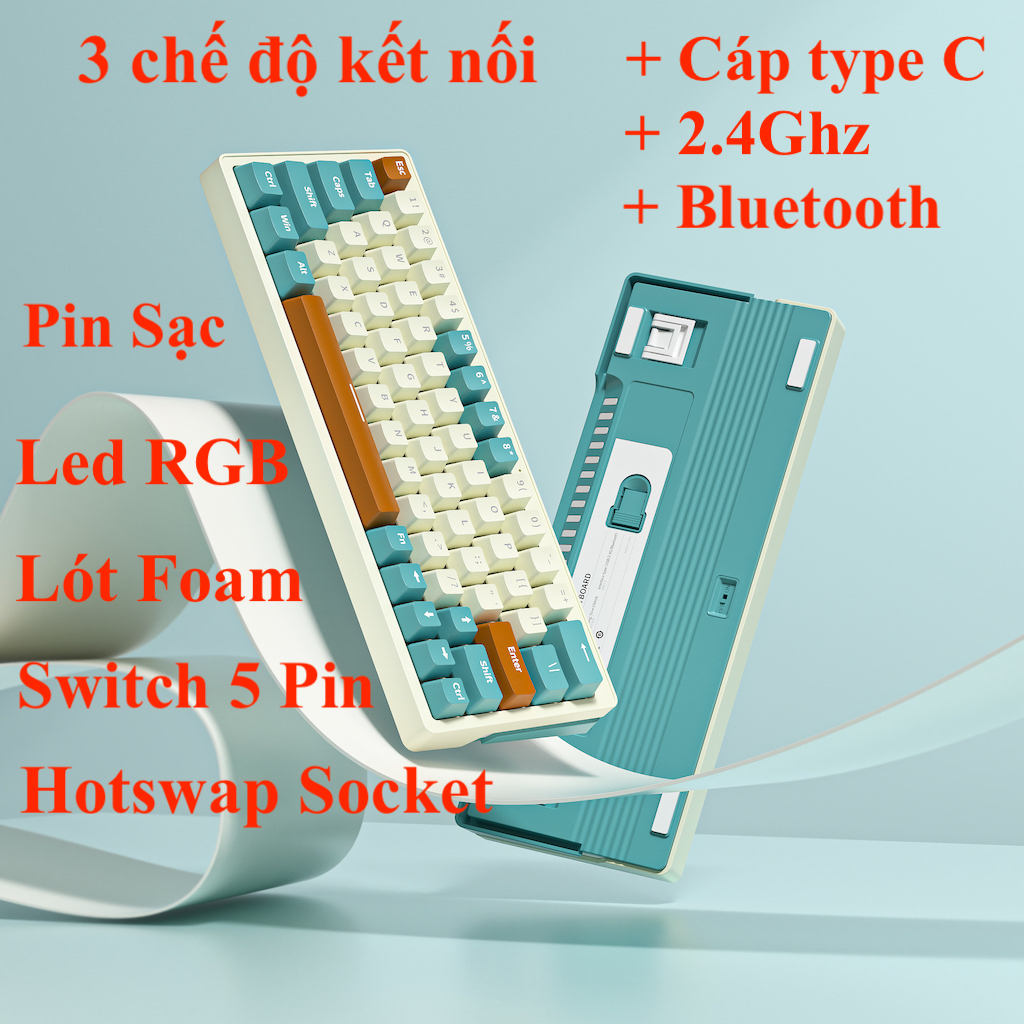 Bàn Phím Cơ Không Dây MK61T 3 Chế Độ Kết Nối(Cáp/Bluetooth/2.4Ghz) Pin Sạc Led RGB Hotswap Socket 5PIN Lót foam Giảm Ồn | BigBuy360 - bigbuy360.vn