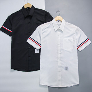 Áo sơ mi nam hàn quốc ngắn tay viền THOM họa tiết in nhiệt giá rẻ cao cấp AHFASHION