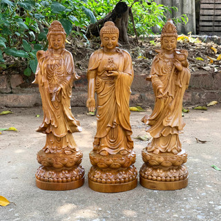 Bộ tượng phật tam thánh cao 40cm gỗ bách xanh cực đẹp