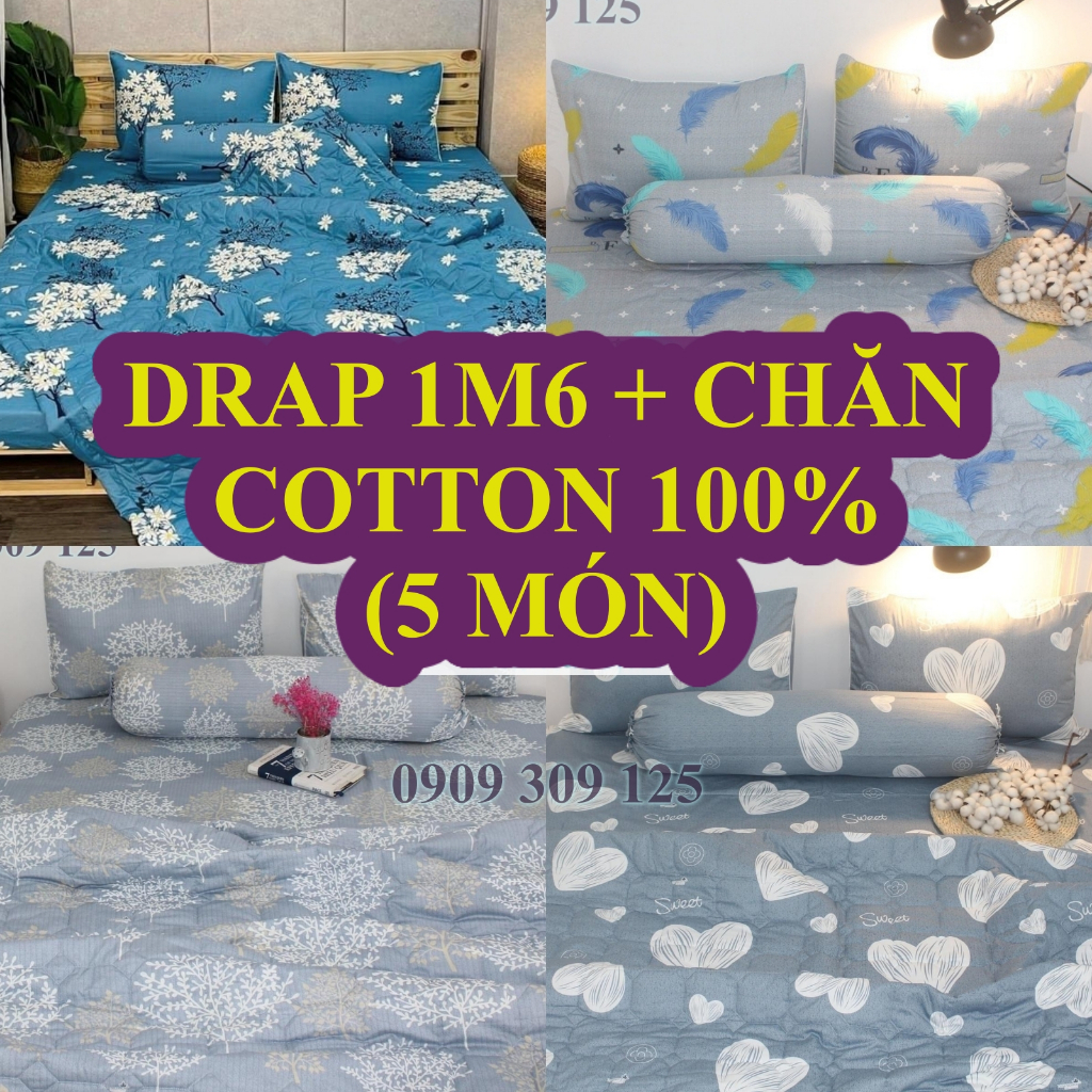 Bộ drap 1m6 + MỀN cao cấp (ga giường 5 món)  cotton 100%, vải dày thấm hút mồ hôi
