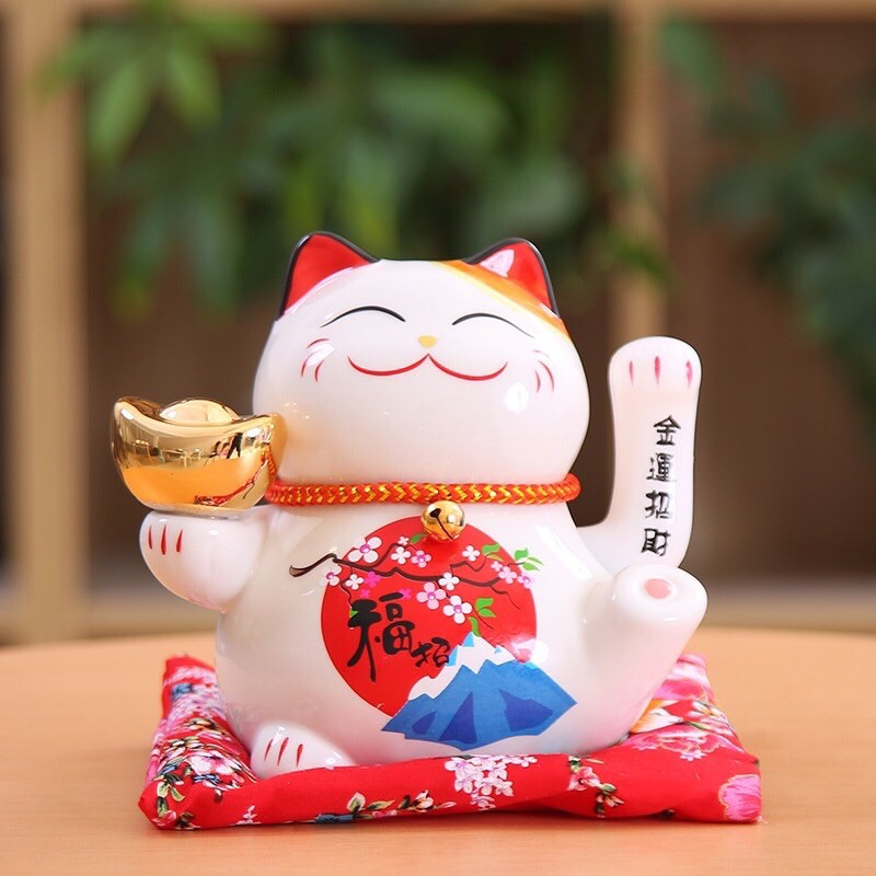 Mèo Thần Tài Vẫy Tay, Mèo May Mắn Maneki Neko Cung Hỷ Phát Tài cầm thỏi vàng 16cm Kèm Đệm Và Hộp Đẹp