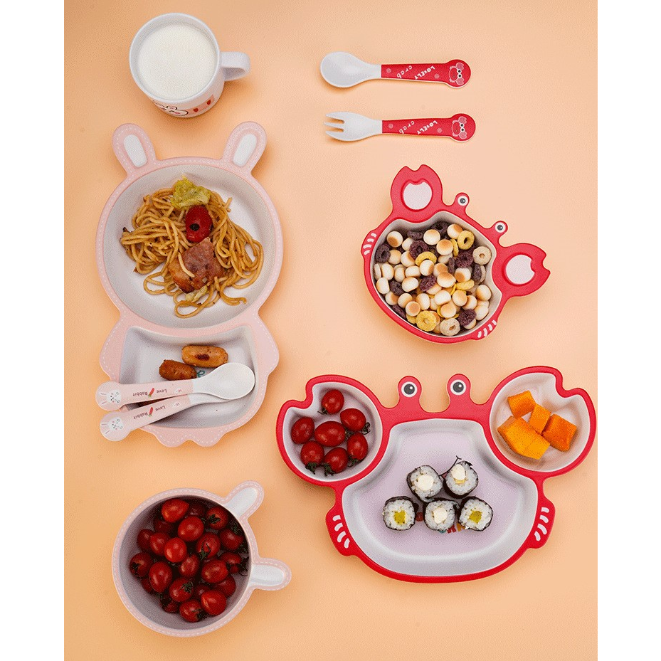 Set khay ăn dặm cho bé, đĩa ăn dặm hình gấu, bát ăn dặm cho bé, bộ khay ăn dặm hình thỏ con